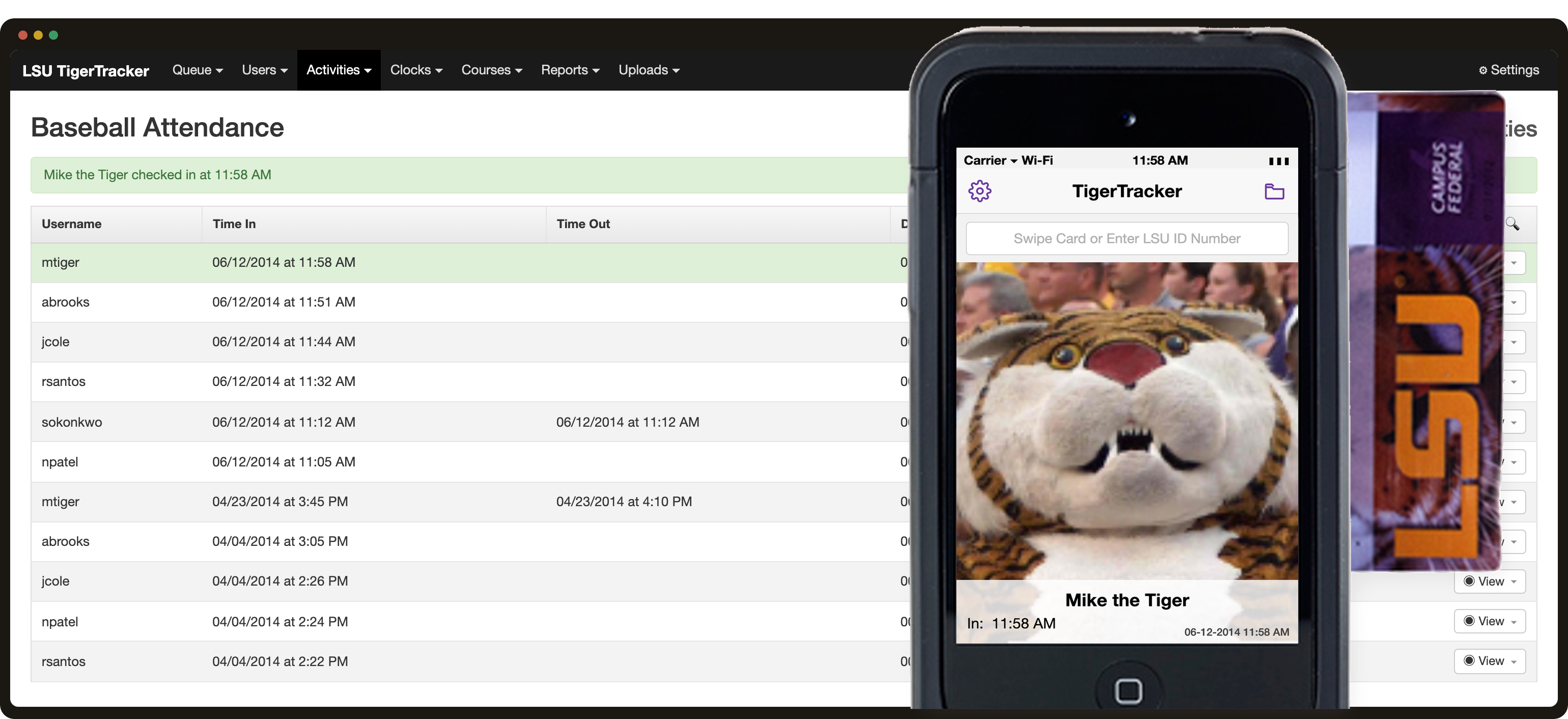 TigerTracker iPod in a Linea Pro sled swiping an LSU guest card over the Baseball Attendance console.